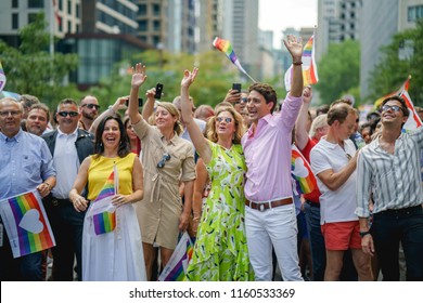 Montreal, Quebec / Canada, 2018-08-19 : Canada's Prime Minister Justin Trudeau Leading Montreal's Pride (Fierté) 2018 With His Wife Sophie Grégoire Trudeau.   Valerie Plante Montreal Mayor