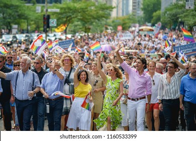 Montreal, Quebec / Canada, 2018-08-19 : Canada's Prime Minister Justin Trudeau Leading Montreal's Pride (Fierté) 2018 With His Wife Sophie Grégoire Trudeau.   PM Philippe Couillard, Valerie Plante