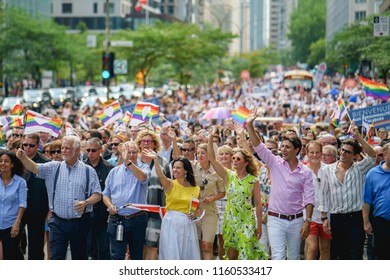 Montreal, Quebec / Canada, 2018-08-19 : Canada's Prime Minister Justin Trudeau Leading Montreal's Pride (Fierté) 2018 With His Wife Sophie Grégoire Trudeau.   PM Philippe Couillard, Valerie Plante