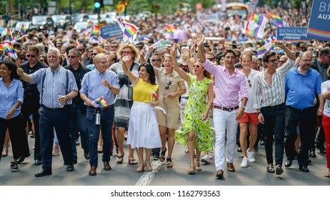 Montreal, Quebec / Canada, 2018-08-19 : Canada's Prime Minister Justin Trudeau Leading Montreal's Pride (Fierté) 2018 With His Wife Sophie Grégoire Trudeau.   PM Philippe Couillard, Valerie Plante