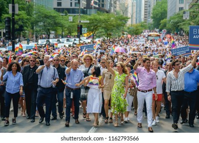 Montreal, Quebec / Canada, 2018-08-19 : Canada's Prime Minister Justin Trudeau Leading Montreal's Pride (Fierté) 2018 With His Wife Sophie Grégoire Trudeau.   PM Philippe Couillard, Valerie Plante