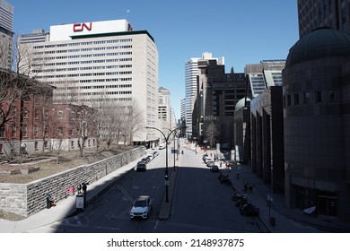 Montreal, Quebec, Canada - April 12, 2022: Streetscape of René-Lévesque Boulevard in downtown Montreal