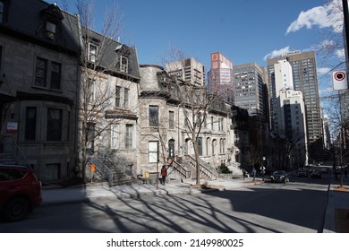Montreal, Quebec, Canada - April 12, 2022: Row houses and streetscape of Rue Peel