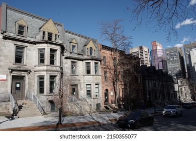 Montreal, Quebec, Canada - April 12, 2022: Row houses and streetscape of Rue Peel