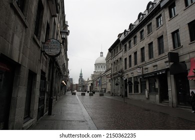 Montreal, Quebec, Canada - April 14, 2022: Streetscape of Rue Saint Paul in Montreal's Old Town