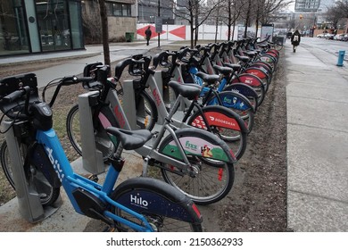 Montreal, Quebec, Canada - April 14, 2022: A Bixi Bike Share Station On Avenue Viger