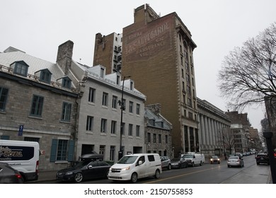 Montreal, Quebec, Canada - April 14, 2022: Streetscape of Rue Notre-Dame in Old Town Montreal