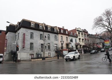 Montreal, Quebec, Canada - April 14, 2022: Streetscape of Rue Saint-Denis in the Latin Quarter