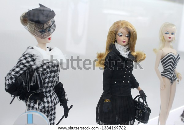Montreal, Quebec / Canada - April 7 2019:\
Barbie Expo doll museum at the luxury mall Les Cours Mont Royal in\
the city\'s downtown neighborhood. Fashion dolls dressed in\
expensive gowns by\
designers.