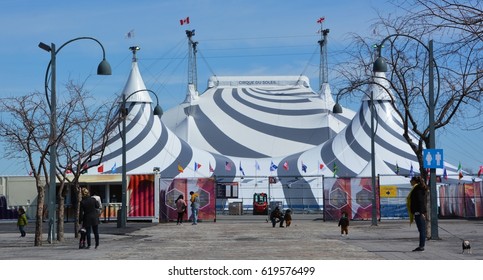 MONTREAL QUEBEC CANADA APRIL 9 2017: Cirque Du Soleil Black And White Tent For New Show VOLTA. Canadian Entertainment Company, A Mix Of Circus Arts And Street Entertainment Based In Montreal