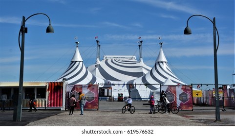 MONTREAL QUEBEC CANADA APRIL 9 2017: Cirque Du Soleil Black And White Tent For New Show VOLTA. Canadian Entertainment Company, A Mix Of Circus Arts And Street Entertainment Based In Montreal