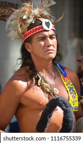  MONTREAL QUEBEC CANADA AUGUST 01 2015: Native Indian Front  Mohawk People In Traditional Costume Are The Most Easterly Tribe Of The Iroquois Confederacy.