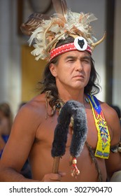  MONTREAL QUEBEC CANADA AUGUST 01 2015: Native Indian Front  Mohawk People In Traditional Costume Are The Most Easterly Tribe Of The Iroquois Confederacy.