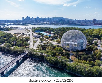 Montreal, Quebec, Canada - August 30 2021 : Aerial View Of Montreal Biosphere In Summer Sunny Day. Jean-Drapeau Park, Saint Helens Island.