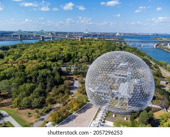 Montreal, Quebec, Canada - August 30 2021 : Aerial View Of Montreal Biosphere In Summer Sunny Day. Jean-Drapeau Park, Saint Helens Island.