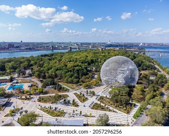 Montreal, Quebec, Canada - August 30 2021 : Aerial View Of Montreal Biosphere In Summer Sunny Day. Jean-Drapeau Park, Saint Helens Island.