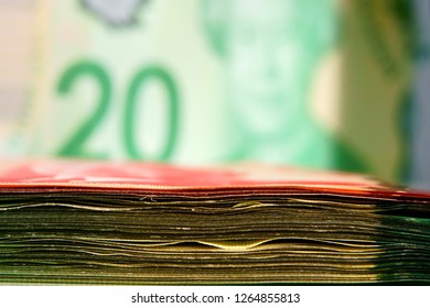Montreal, Quebec, Canada, Dec The 16 2018 :  Pile Of Canadian Money With A Twenty Dollar Bill In The Background.                            
