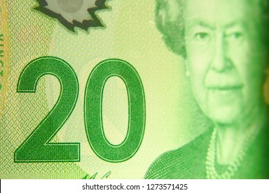 Montreal, Quebec, Canada, Dec The 16 2018 : Close Up Of A Twenty Canadian Dollar Bill With The Portrait Of The Queen Elizabeth II.                             