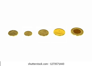 Montreal, Quebec, Canada, Dec The 16 2018 : Spare Change Of Canadian Metal Pieces Isolated On White. Nickel, Dime, Quarter, One, Two Dollar Pieces.