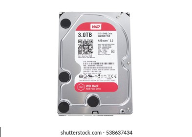 MONTREAL, QUEBEC, CANADA - DECEMBER 18, 2016: Western Digital Red 3.5 Inch SATA3 Hard Drive 3.0 TB For Use In NAS Systems Isolated On White.