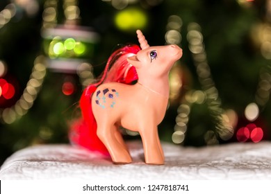 Montreal, Quebec, Canada December 2018: First Generation Sky Flier My Little Pony Toy In Front Of Christmas Tree.