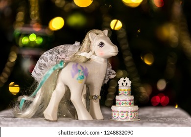 Montreal, Quebec, Canada December 2018: First Generation Pony Bride My Little Pony Toy In Front Of Christmas Tree.