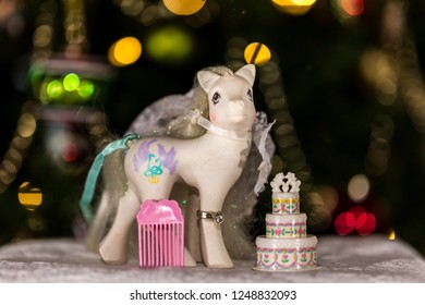 Montreal, Quebec, Canada December 2018: First Generation Pony Bride My Little Pony Toy In Front Of Christmas Tree.