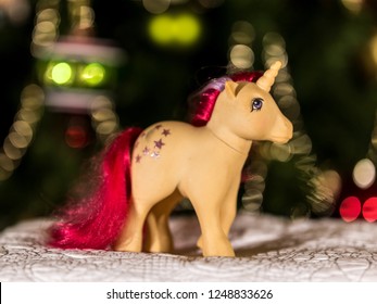 Montreal, Quebec, Canada December 2018: First Generation Moon Dancer My Little Pony Toy In Front Of Christmas Tree.