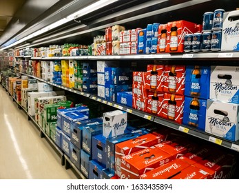 Montreal Quebec Canada February 1 2020: Beer Aisle At Grocery Store 