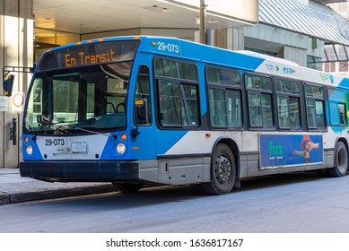 Montreal Quebec Canada February 5 2020: Metro Transit Bus Parked On Side Of Road