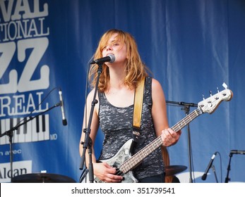 Montreal Quebec Canada - July 2 2014 - Katy Guillen & The Girls From Kansas City USA Bass Guitarist Claire Adams On Stage Closeup At Jazz International Festival