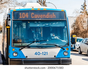 Montreal, Quebec, Canada-  March 20, 2021: The Front Of A STM Public Transit Bus In Suburban Côte Saint-Luc Shows Bus Driver Wearing Mask To Protect Himself From Covid-19.