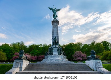 Montreal Quebec Canada May 26 2020: Monument To Sir George-Étienne Cartier In Mount Royal Park, Front View With Clouds And Blue Sky, 