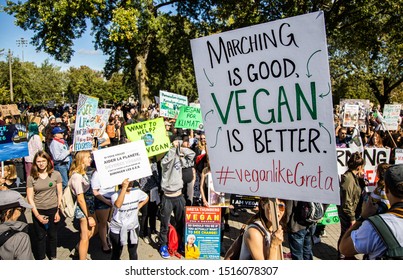 MONTREAL, QUEBEC, CANADA -  SEPTEMBER 27, 2019 : Montreal Climate March At Park Avenue. Young People Protesting And Demanding Politicians Adopt A Climate Action Plan To Reduce Carbon Dioxide Emissions