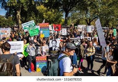 MONTREAL, QUEBEC, CANADA -  SEPTEMBER 27, 2019 : Montreal Climate March At Park Avenue. Young People Protesting And Demanding Politicians Adopt A Climate Action Plan To Reduce Carbon Dioxide Emissions