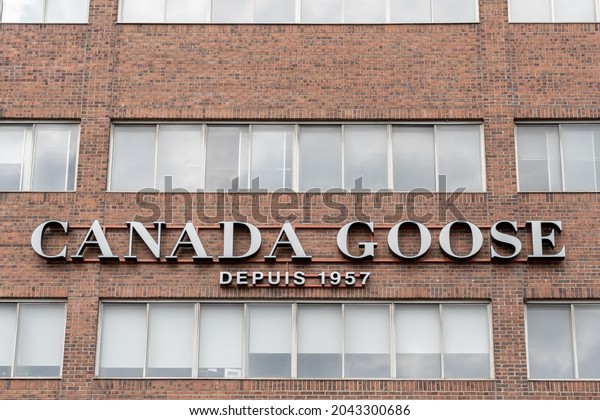 Montreal, Quebec, Canada - September 6, 2021: Close up\
of Canada Goose store in Montreal, Quebec, Canada. Canada Goose\
Holdings Inc. is a Canadian holding company of winter clothing\
manufacturers. 