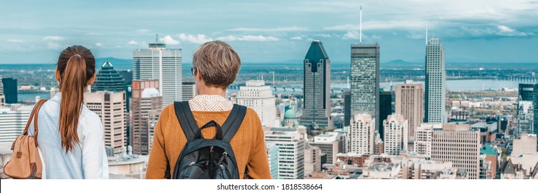 Montreal Skyline Banner. Panoramic Crop Of Two Tourists Walking At Mont Royal Lookout. People Looking At View Of Canadian City, Quebec, Canada.