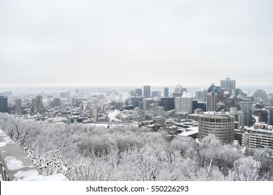 Montreal Skyline In Snow, In Winter, Canada