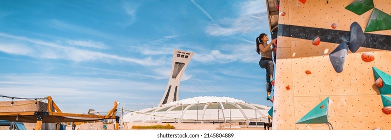 Montreal Stadium Landscape View From Bouldering Gym Wall Outside. Active Athlete People Climbers Training Climbing Exercise Skills Panoramic Banner. Summer In Quebec, Canada