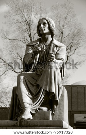 Montreal statue of Nicolaus Copernicus was a Renaissance astronomer and the first person to formulate a comprehensive heliocentric cosmology which displaced the Earth from the center of the universe