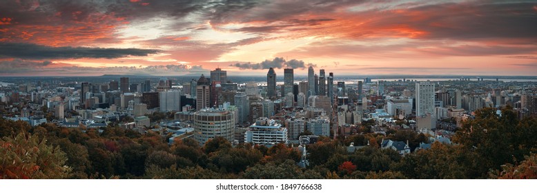 Montreal Sunrise City Skyline Panorama With Skyscraper In Canada