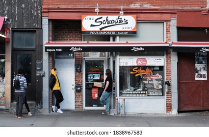 MONTREAL,CANADA - Oct 20, 2020: Storefront Of Famous Montreal Smoked Meat Store - Schwartz's