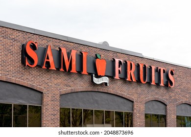 Montreal,QC,  Canada - September6, 2021: Close Up Of Sami Fruits Sign In Montreal,QC,  Canada. Sami Fruits Is A Canadian Fruit And Vegetable Wholesaler. 