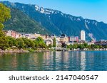 Montreux harbor with yachts and boats panoramic view. Montreux is a town on the Lake Geneva at the foot of the Alps in Switzerland.