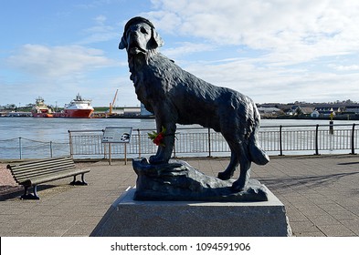 MONTROSE, SCOTLAND - 16 APRIL 2018: A Statue Of The Heroic Dog, Bamse, Symbol Of The Free Norwegian Forces In World War 2 Stands By The Harbourside. 