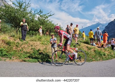 MONTVERNIER, FRANCE - JULY 23, 2015: Thomas De Gendt Team Lotto-Soudal In A A Hairpin Turn On A Mountain Stage In Tour De France