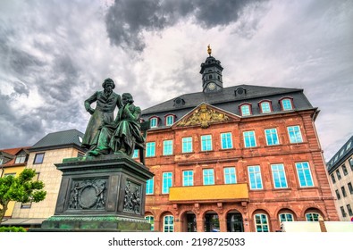 Monument To The Brothers Grimm And The Town Hall In Hanau, Hesse, Germany