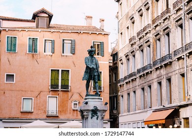 The monument to the famous Venetian, playwright, writer and lawyer Carlo Goldoni is installed on a small square of St. Bartholomew in Venice.