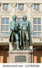 Monument to Goethe and Schiller before the National-theater in Weimar