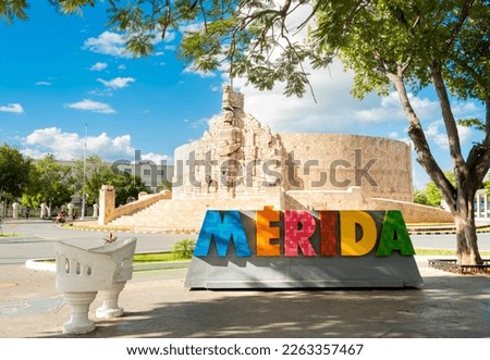 Monument to the homeland, chair of lovers and tourist letters of Merida on Paseo Montejo